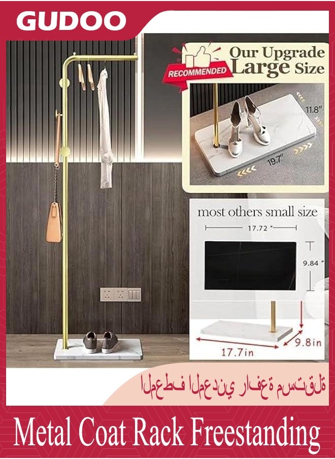 Gold Coat Racks, Metal Coat Racks Freestanding with Crossbar and 3 Hooks, Modern Coat Hanger with Marble Base, L Shaped Coat Stand for Entryway, Bedroom, Living Room, Office