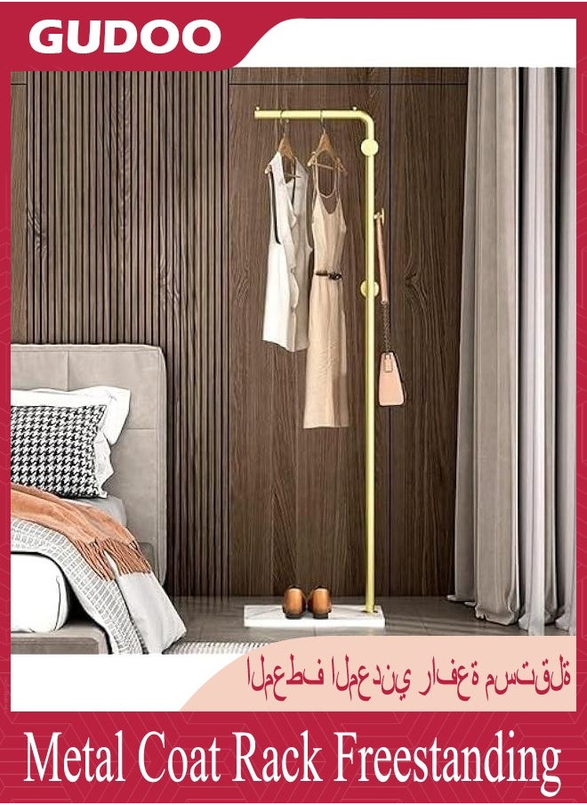 Gold Coat Racks, Metal Coat Racks Freestanding with Crossbar and 3 Hooks, Modern Coat Hanger with Marble Base, L Shaped Coat Stand for Entryway, Bedroom, Living Room, Office