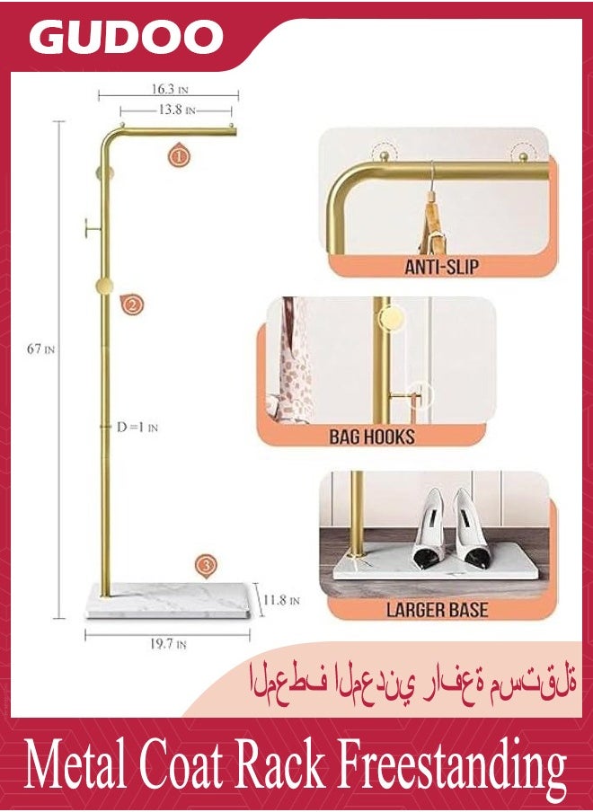 Gold Coat Racks, Metal Coat Racks Freestanding with Crossbar and 3 Hooks, Modern Coat Hanger with Marble Base, L Shaped Coat Stand for Entryway, Bedroom, Living Room, Office