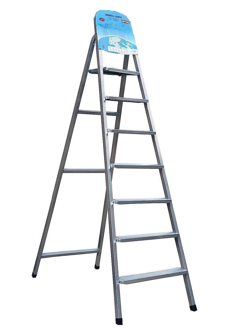 Robustline Steel Ladder 7 Steps Foldable Step Ladder with Handgrip and Non-Slip Treads, 150 kgs Weight Capacity- Silver