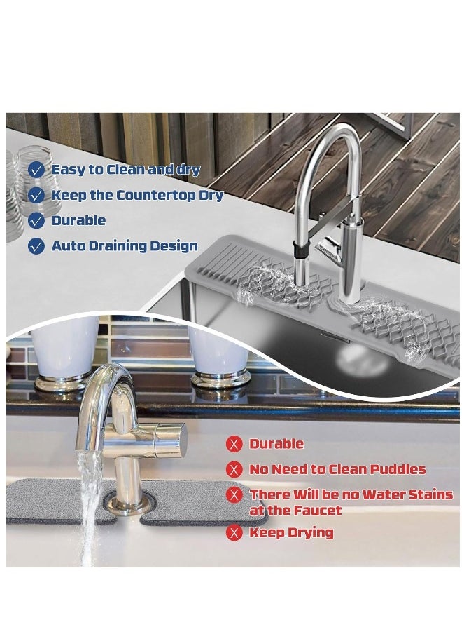 Silicone Faucet Sink Mat, 24inch Kitchen Faucet Absorbent Mats, Silicone Sink Mat Sink Drain Pad Faucet Splash Guard for Kitchen Countertop, Bathroom, Laundry Room, Gray