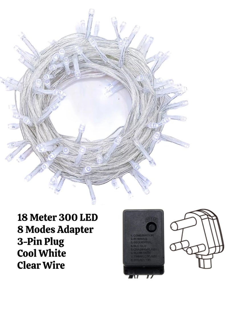 18 Meter 300 LED String Lights Decoration Lights Cool White Light 8 Modes Led Light Clear Wire For Home Decorations Ramadan Lights Indoor & Outdoor Decoration Ramadan Decoration Light Diwali Lights Curtain Lights With 3-Pin UK Plug