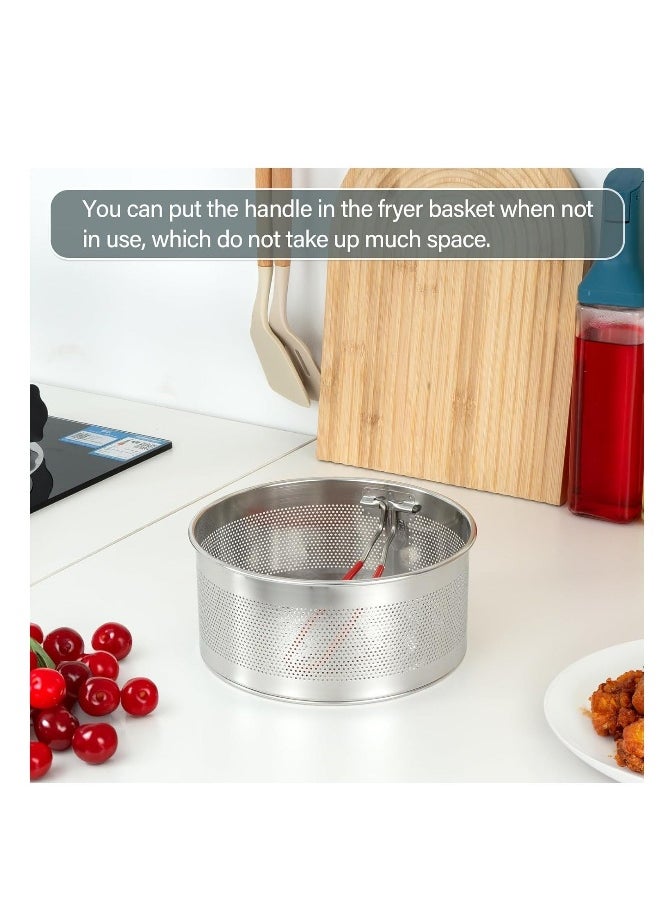 Deep Fryer Basket Round Stainless Steel Frying Basket with Long and Foldable Heat Resistant Silicone Handle for Frying French Fries Chickens Boiling Pasta Potatoes