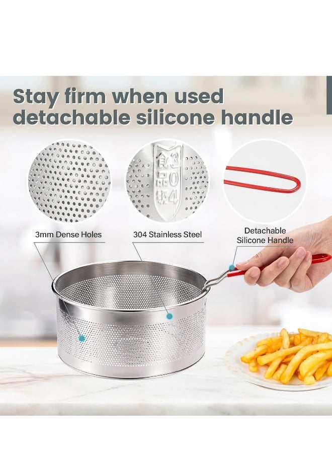 Deep Fryer Basket Round Stainless Steel Frying Basket with Long and Foldable Heat Resistant Silicone Handle for Frying French Fries Chickens Boiling Pasta Potatoes