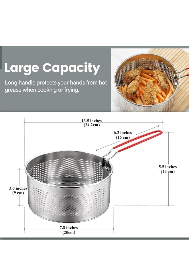 Deep Fryer Basket Round Stainless Steel Frying Basket with Long and Foldable Heat Resistant Silicone Handle for Frying French Fries Chickens Boiling Pasta Potatoes