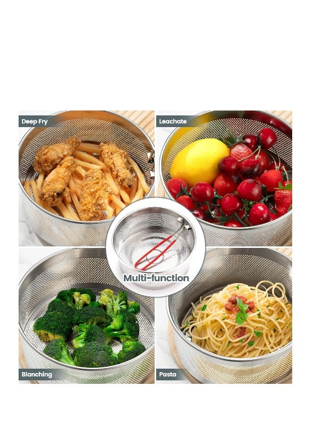 Deep Fryer Basket Round Stainless Steel Frying Basket with Long and Foldable Heat Resistant Silicone Handle for Frying French Fries Chickens Boiling Pasta Potatoes
