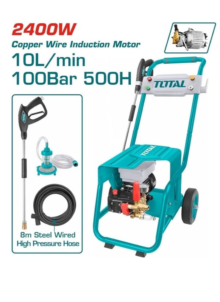 TOTAL Electric High Pressure Washer 2400W - 100Bar (1450PSI), 10L/min, Copper Pump, Copper Induction Motor, 8m High Pressure Hose, Metal Spray Gun & 4 Nozzles – Powerful & Durable Pressure Cleaning Tool for Home & Outdoor Use