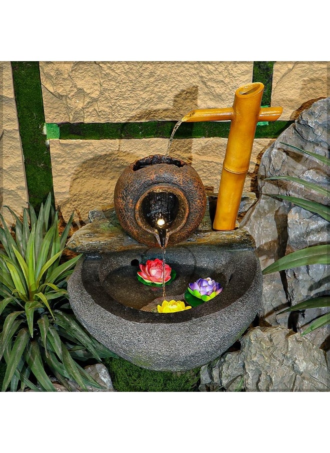 Yatai Water Fountain, Polyresin & Fiberglass Waterfall Fountain, Rustic Bamboo & Pot Design Electric Fountain with LED Light, Indoor/Outdoor Freestanding Fountains for Meditation, Event & Home Decor