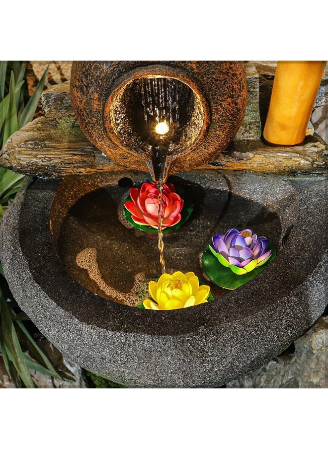 Yatai Water Fountain, Polyresin & Fiberglass Waterfall Fountain, Rustic Bamboo & Pot Design Electric Fountain with LED Light, Indoor/Outdoor Freestanding Fountains for Meditation, Event & Home Decor