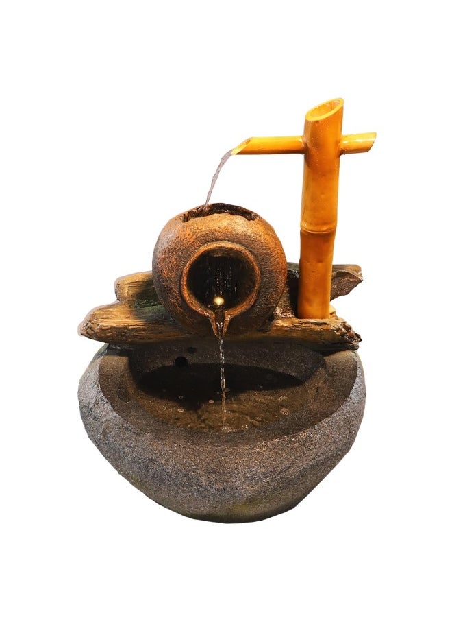 Yatai Water Fountain, Polyresin & Fiberglass Waterfall Fountain, Rustic Bamboo & Pot Design Electric Fountain with LED Light, Indoor/Outdoor Freestanding Fountains for Meditation, Event & Home Decor