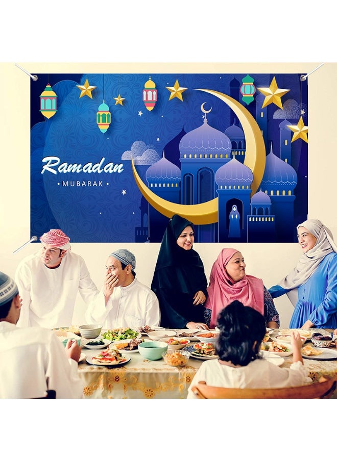 Ramadan Mubarak Door Cover Ramadan Decorations for Home, Large Eid Mubarak Ramadan Backdrop with Moon Castles Sign for Muslim Indoor Outdoor Decor Party Supply 180*110cm