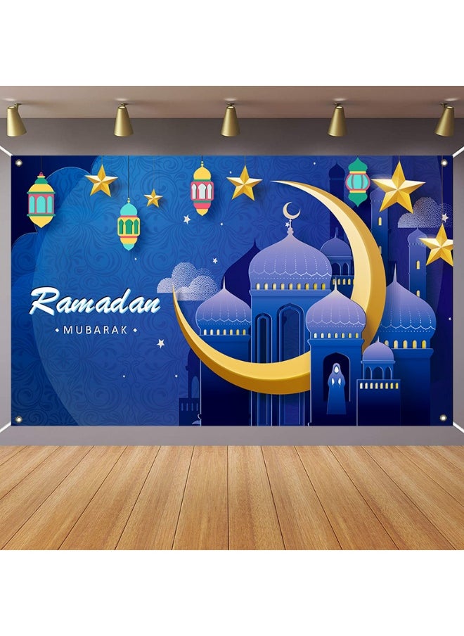 Ramadan Mubarak Door Cover Ramadan Decorations for Home, Large Eid Mubarak Ramadan Backdrop with Moon Castles Sign for Muslim Indoor Outdoor Decor Party Supply 180*110cm