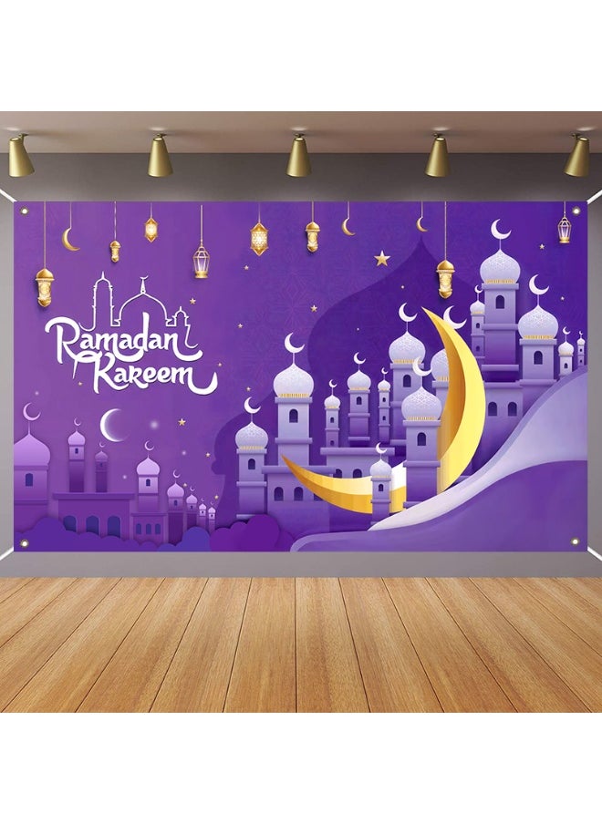 Ramadan Mubarak Door Cover Ramadan Decorations for Home, Large Eid Mubarak Ramadan Backdrop with Moon Castles Sign for Muslim Indoor Outdoor Decor Party Supply 180*110cm