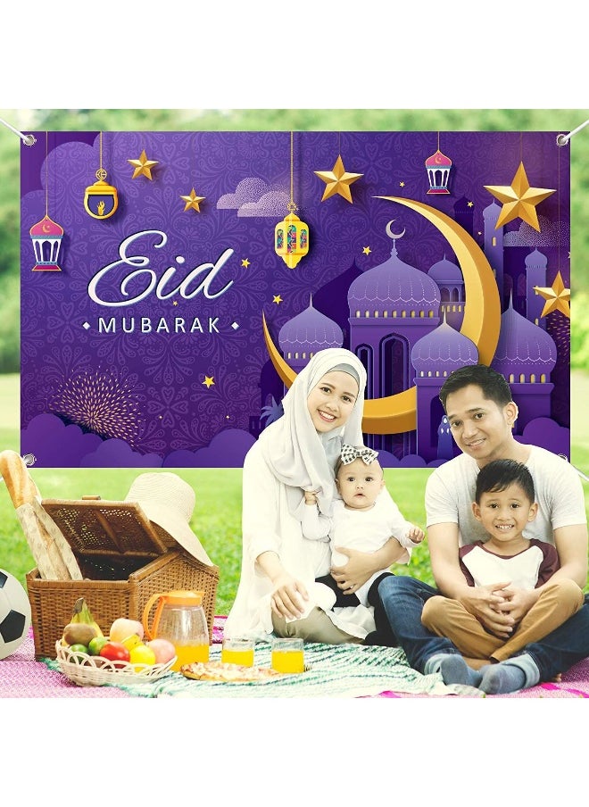 Ramadan Mubarak Door Cover Ramadan Decorations for Home, Large Eid Mubarak Ramadan Backdrop with Moon Castles Sign for Muslim Indoor Outdoor Decor Party Supply 180*110cm