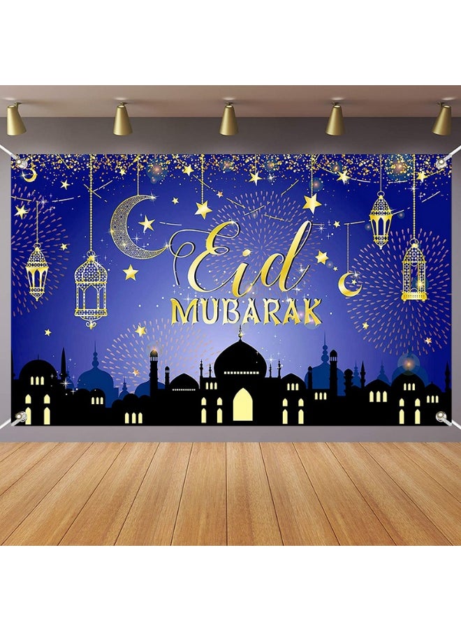 Ramadan Mubarak Door Cover Ramadan Decorations for Home, Large Eid Mubarak Ramadan Backdrop with Moon Castles Sign for Muslim Indoor Outdoor Decor Party Supply 180*110cm