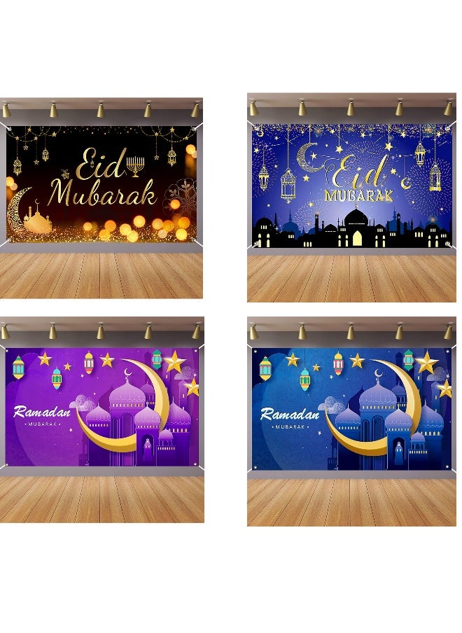 Ramadan Mubarak Door Cover Ramadan Decorations for Home, Large Eid Mubarak Ramadan Backdrop with Moon Castles Sign for Muslim Indoor Outdoor Decor Party Supply 180*110cm