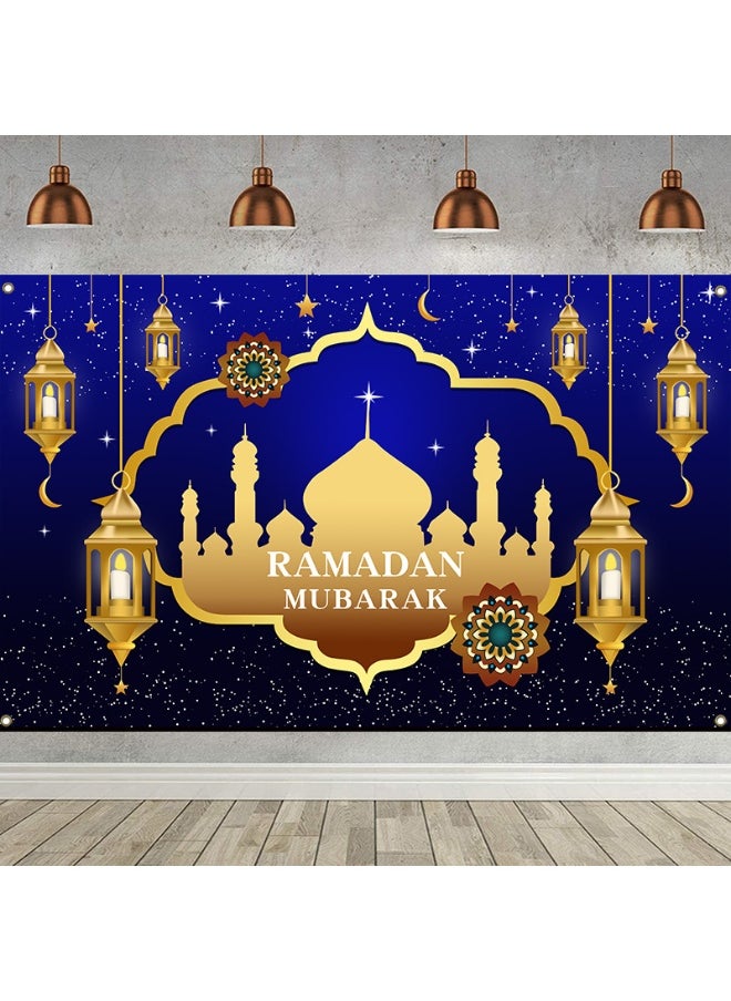 Ramadan Mubarak Door Cover Ramadan Decorations for Home, Large Eid Mubarak Ramadan Backdrop with Moon Castles Sign for Muslim Indoor Outdoor Decor Party Supply 180*110cm