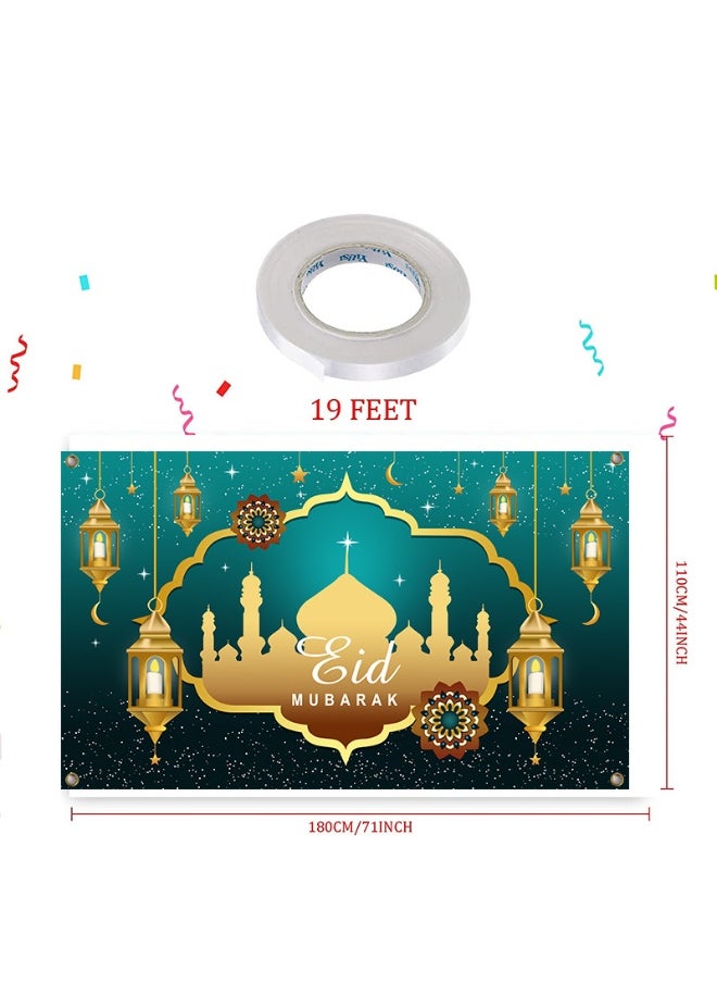 Ramadan Mubarak Door Cover Ramadan Decorations for Home, Large Eid Mubarak Ramadan Backdrop with Moon Castles Sign for Muslim Indoor Outdoor Decor Party Supply 180*110cm