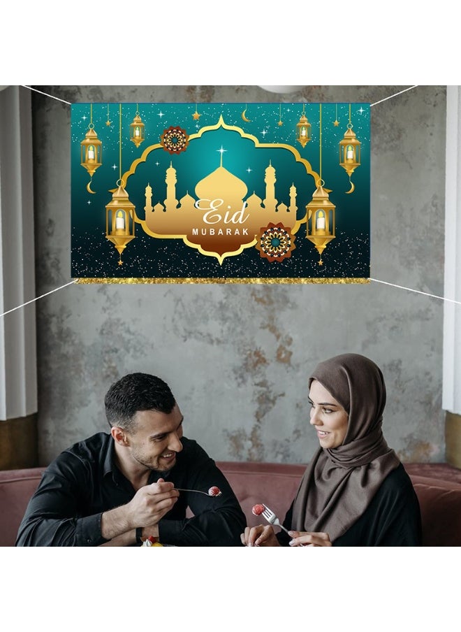 Ramadan Mubarak Door Cover Ramadan Decorations for Home, Large Eid Mubarak Ramadan Backdrop with Moon Castles Sign for Muslim Indoor Outdoor Decor Party Supply 180*110cm