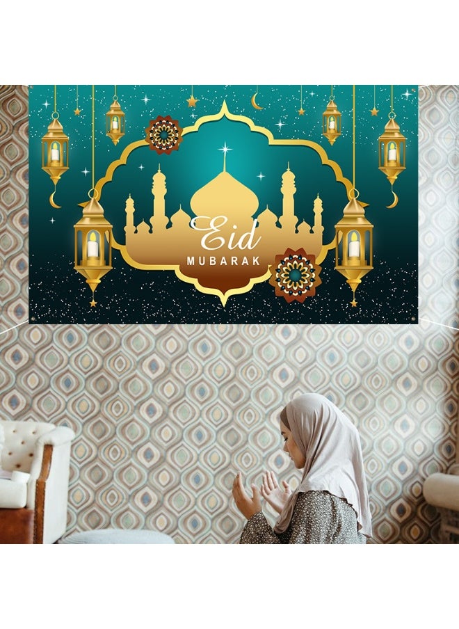 Ramadan Mubarak Door Cover Ramadan Decorations for Home, Large Eid Mubarak Ramadan Backdrop with Moon Castles Sign for Muslim Indoor Outdoor Decor Party Supply 180*110cm