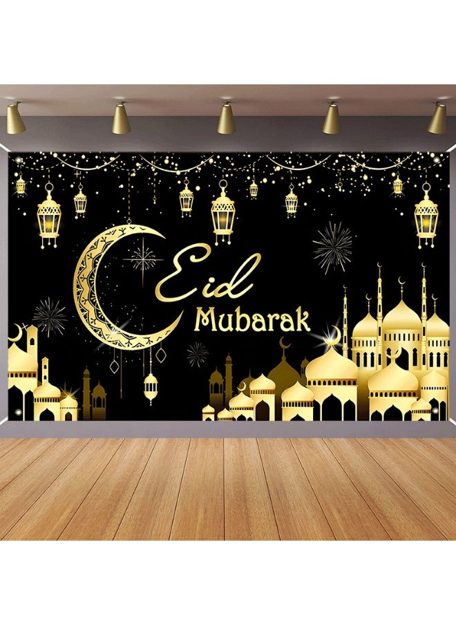 Ramadan Mubarak Door Cover Ramadan Decorations for Home, Large Eid Mubarak Ramadan Backdrop with Moon Castles Sign for Muslim Indoor Outdoor Decor Party Supply 180*110cm