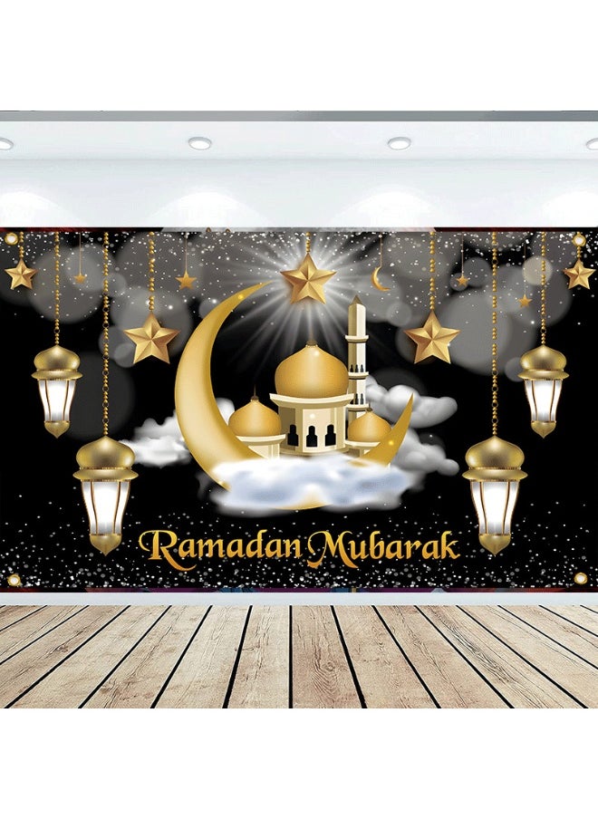 Ramadan Mubarak Door Cover Ramadan Decorations for Home, Large Eid Mubarak Ramadan Backdrop with Moon Castles Sign for Muslim Indoor Outdoor Decor Party Supply 180*110cm