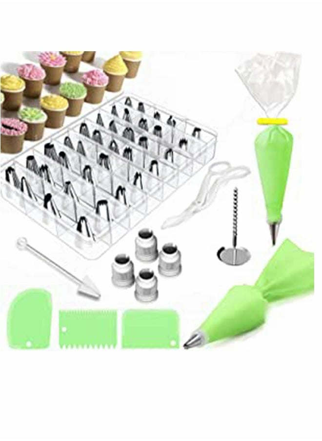 62PCS Cake Decorating Tools Kit, DIY Icing Piping Cream Reusable Pastry Silicone Pastry Bag with 62 Nozzle Mold and 10 disposable piping bags for Cake Decorating