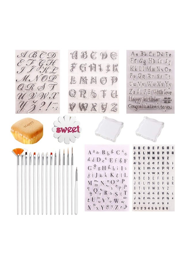 Alphabet Cake Stamp Set Acrylic Stamping Blocks 5 Pieces Cake Brushes Embossed Alphabet Tool for DIY Baking