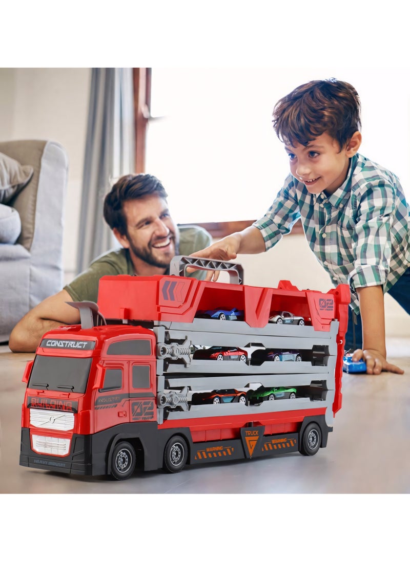 Mega Hauler Truck with Ejection Race Track, Kids' Deform Catapulting and Shootings Big Truck Folding Storage Transporter Toy, Truck Transporter Car Carrier with 16 Alloy Car