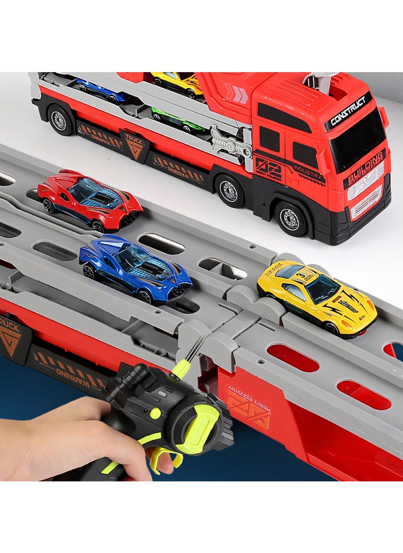 Mega Hauler Truck with Ejection Race Track, Kids' Deform Catapulting and Shootings Big Truck Folding Storage Transporter Toy, Truck Transporter Car Carrier with 16 Alloy Car