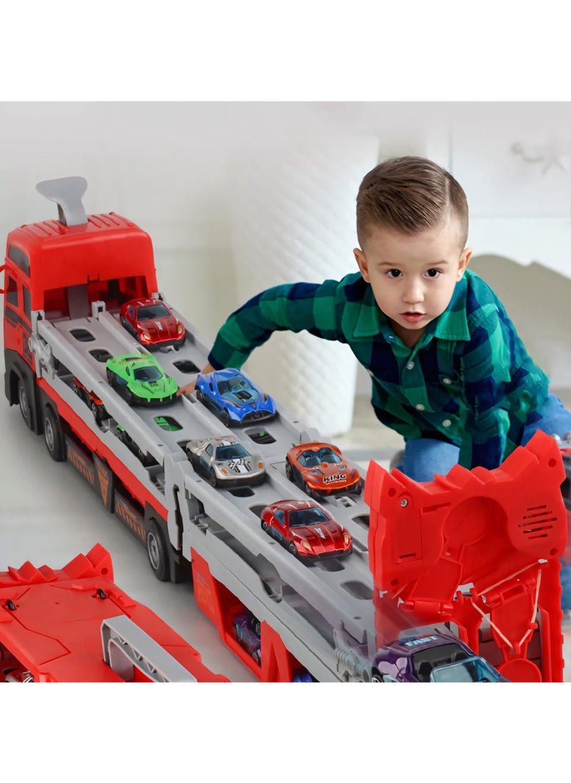 Mega Hauler Truck with Ejection Race Track, Kids' Deform Catapulting and Shootings Big Truck Folding Storage Transporter Toy, Truck Transporter Car Carrier with 16 Alloy Car