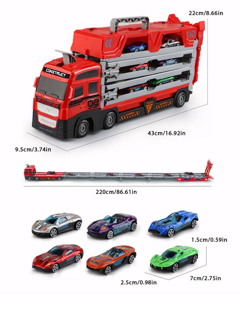 Mega Hauler Truck with Ejection Race Track, Kids' Deform Catapulting and Shootings Big Truck Folding Storage Transporter Toy, Truck Transporter Car Carrier with 16 Alloy Car