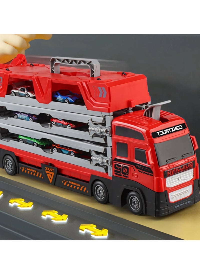 Mega Hauler Truck with Ejection Race Track, Kids' Deform Catapulting and Shootings Big Truck Folding Storage Transporter Toy, Truck Transporter Car Carrier with 16 Alloy Car