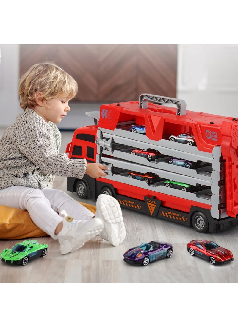 Mega Hauler Truck with Ejection Race Track, Kids' Deform Catapulting and Shootings Big Truck Folding Storage Transporter Toy, Truck Transporter Car Carrier with 16 Alloy Car