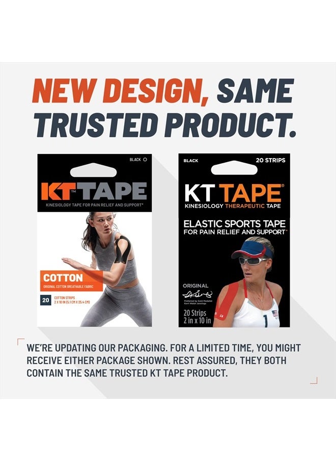 , Original Cotton, Elastic Kinesiology Athletic Tape, 20 Count, 10” Precut Strips, Black