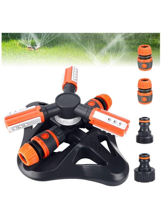 Garden Sprinkler, Lawn Sprinkler Automatic 360 Degree Rotating 3 Arm Lawn Water Sprinkler System with Quick Connectors for Watering Plants or Summer Outdoor Play Orange