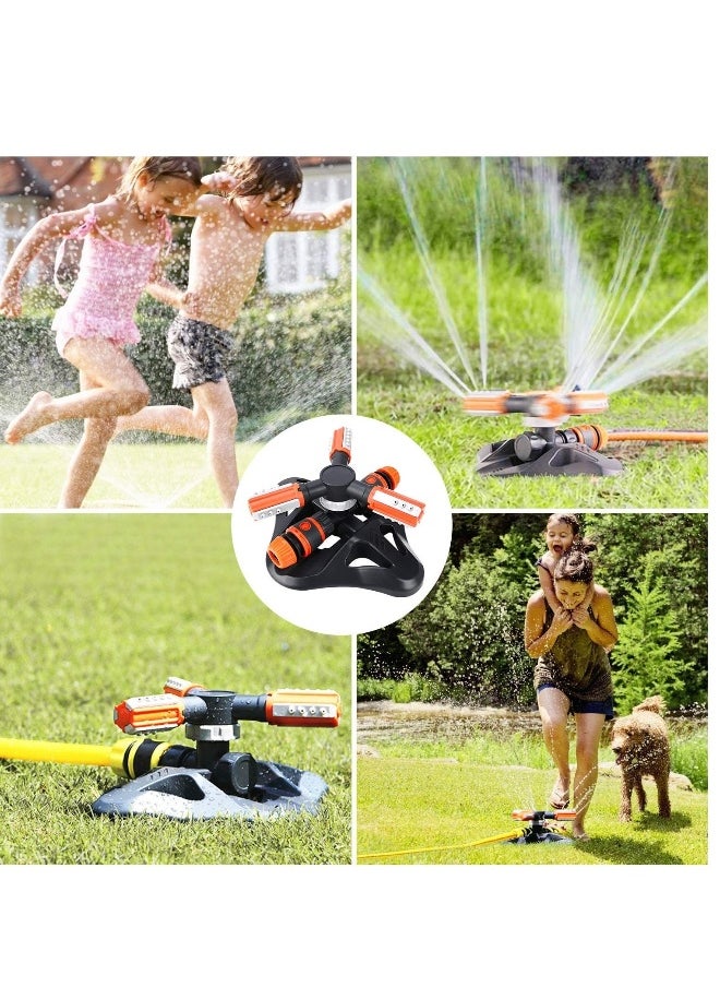 Garden Sprinkler, Lawn Sprinkler Automatic 360 Degree Rotating 3 Arm Lawn Water Sprinkler System with Quick Connectors for Watering Plants or Summer Outdoor Play Orange