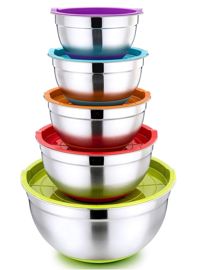 5-Piece Stainless Steel Colorful Mixing Bowls with Rubber Bottom, Set of 5