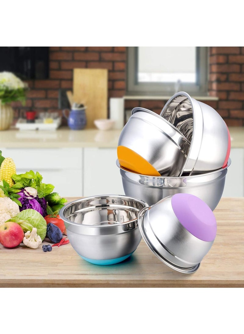 5-Piece Stainless Steel Colorful Mixing Bowls with Rubber Bottom, Set of 5