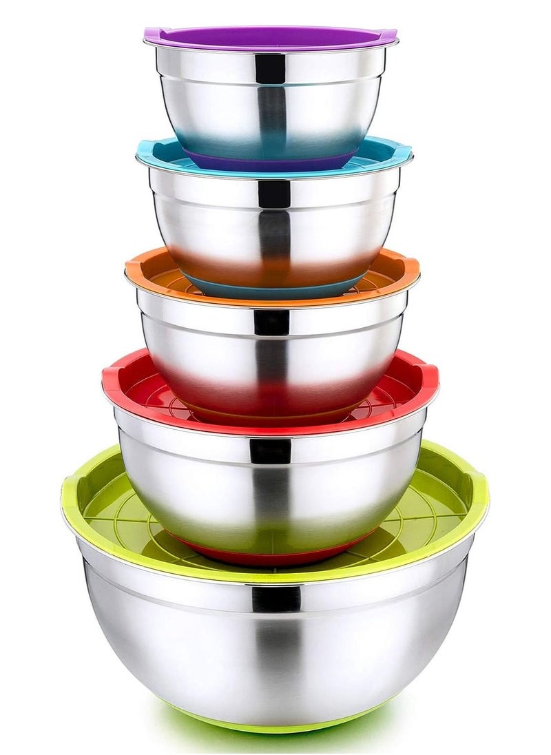 Mixing Bowl Set, 5-Piece Stainless Steel Salad Bowl Set with Lid and Silicone Base for the Kitchen, Multifunctional, Stackable, Dishwasher Safe