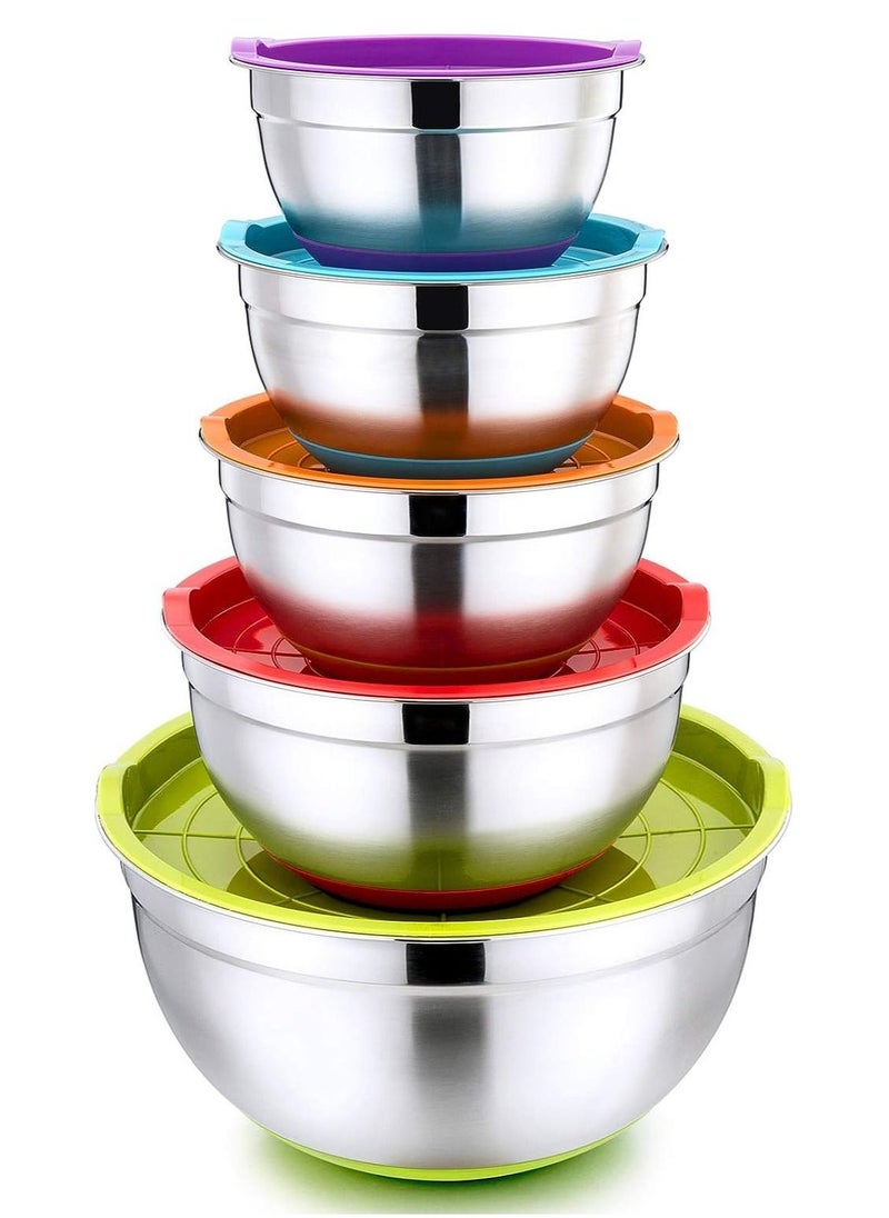 5-Piece Stainless Steel Colorful Mixing Bowls with Rubber Bottom, Set of 5