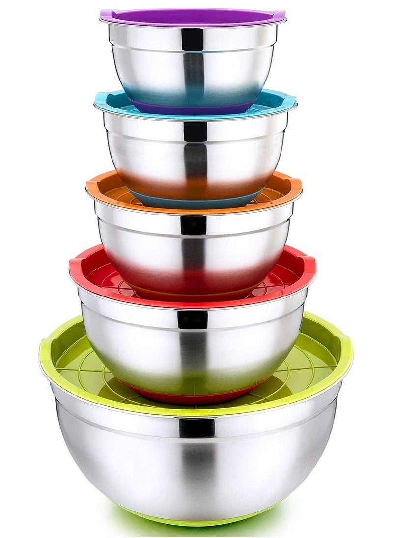 Mixing Bowl Set with Lids, Stainless Steel Stocking Bowls with Measuring and Silicone Gel Bottom, Stackable