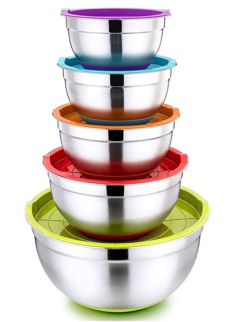 5-Piece Stainless Steel Colorful Mixing Bowls with Rubber Bottom, Set of 5