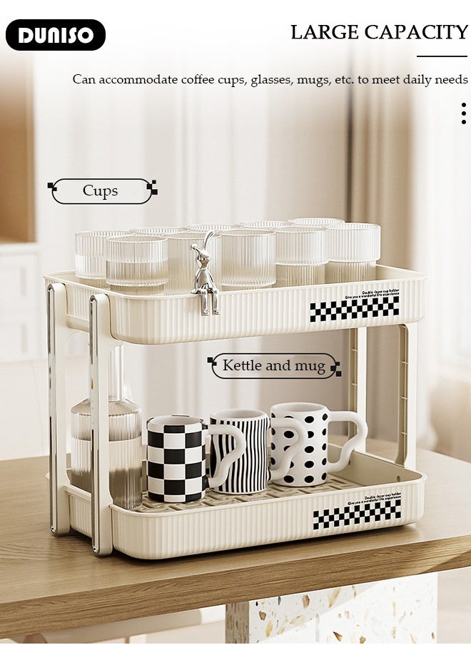 2-Tier Cups Mugs Drying Rack with Removable Drain Tray,Multi-Functional Storage Rack, Countertop Coffee Cup Organizer Shelf,Countertop Bathroom Organizer,Tray Holder for Home, Bathroom, Kitchen Glass cup and Food