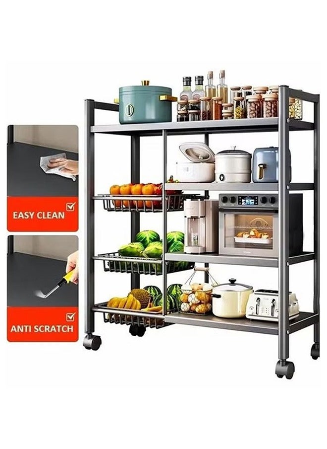 4-Story Mobile Kitchen Storage Cart With Three Mesh Baskets, Floor-To-Ceiling Vertical Storage Racks, Strong Load-Bearing Capacity, Rolling Shelves For Easy Movement, Black