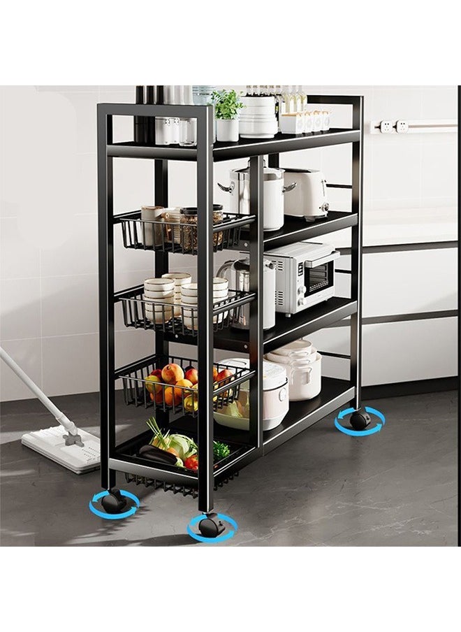 4-Story Mobile Kitchen Storage Cart With Three Mesh Baskets, Floor-To-Ceiling Vertical Storage Racks, Strong Load-Bearing Capacity, Rolling Shelves For Easy Movement, Black