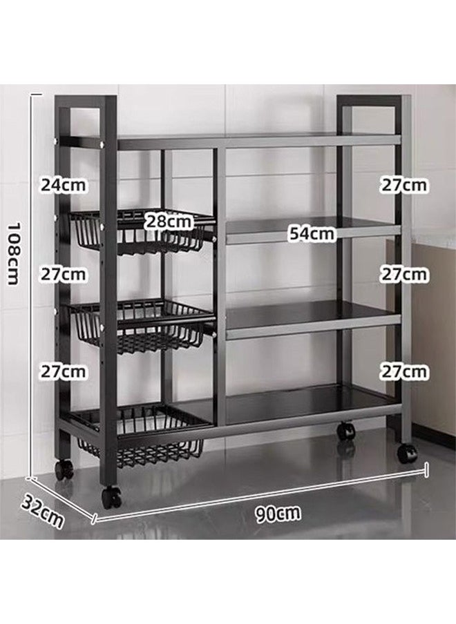 4-Story Mobile Kitchen Storage Cart With Three Mesh Baskets, Floor-To-Ceiling Vertical Storage Racks, Strong Load-Bearing Capacity, Rolling Shelves For Easy Movement, Black