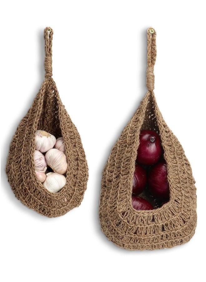 Jute Onion Basket Hanging Pantry, 2 Pack Potato Garlic Onion Pantry Storage Baskets for Kitchen, Garlic Keeper Handwoven Wall Mount Fruit or Veggie Basket Decor