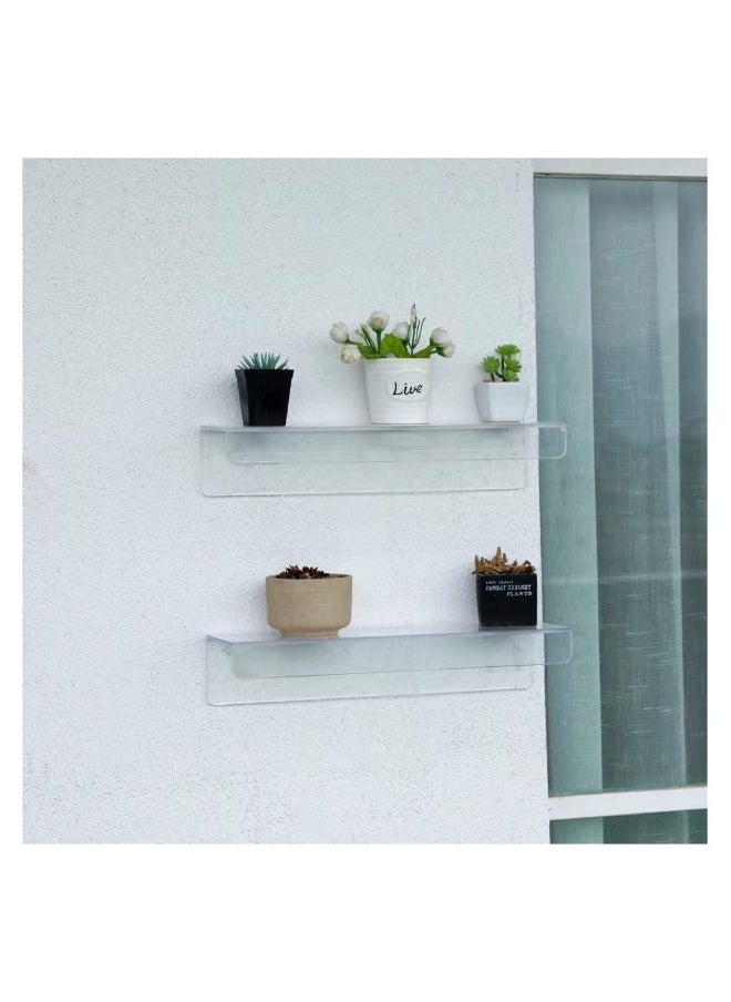 2Pcs Clear Acrylic Floating Shelf for Wall Mounted, Adhesive Hanging Shelves No Drill, Small Wall Display Shelf for Plant Pot, Speaker, Security Camera, Room Decor