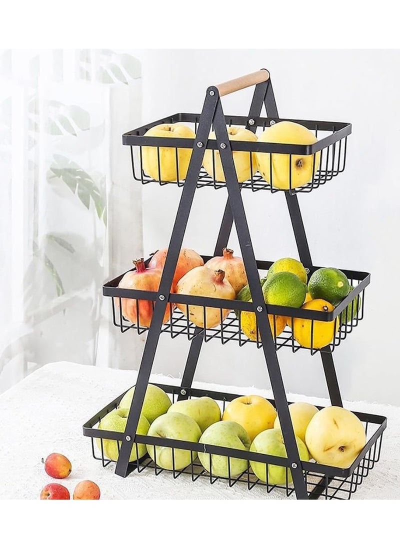 Countertop Fruit Basket, 3 Tier Metal Storage Rack with Wooden Handle for Fruit Vegetable Bread Snack Organizer, Portable Iron Wire Fruit Bowl/Stand/Holder for Kitchen Dining Room Living Room (Black)